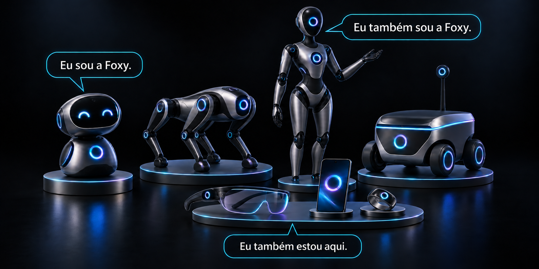 A mesma agente Foxy presente em diferentes robôs e dispositivos.